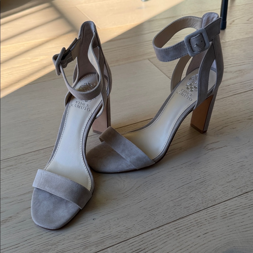 Vince Camuto Taupe Suede Ankle Strap Heels